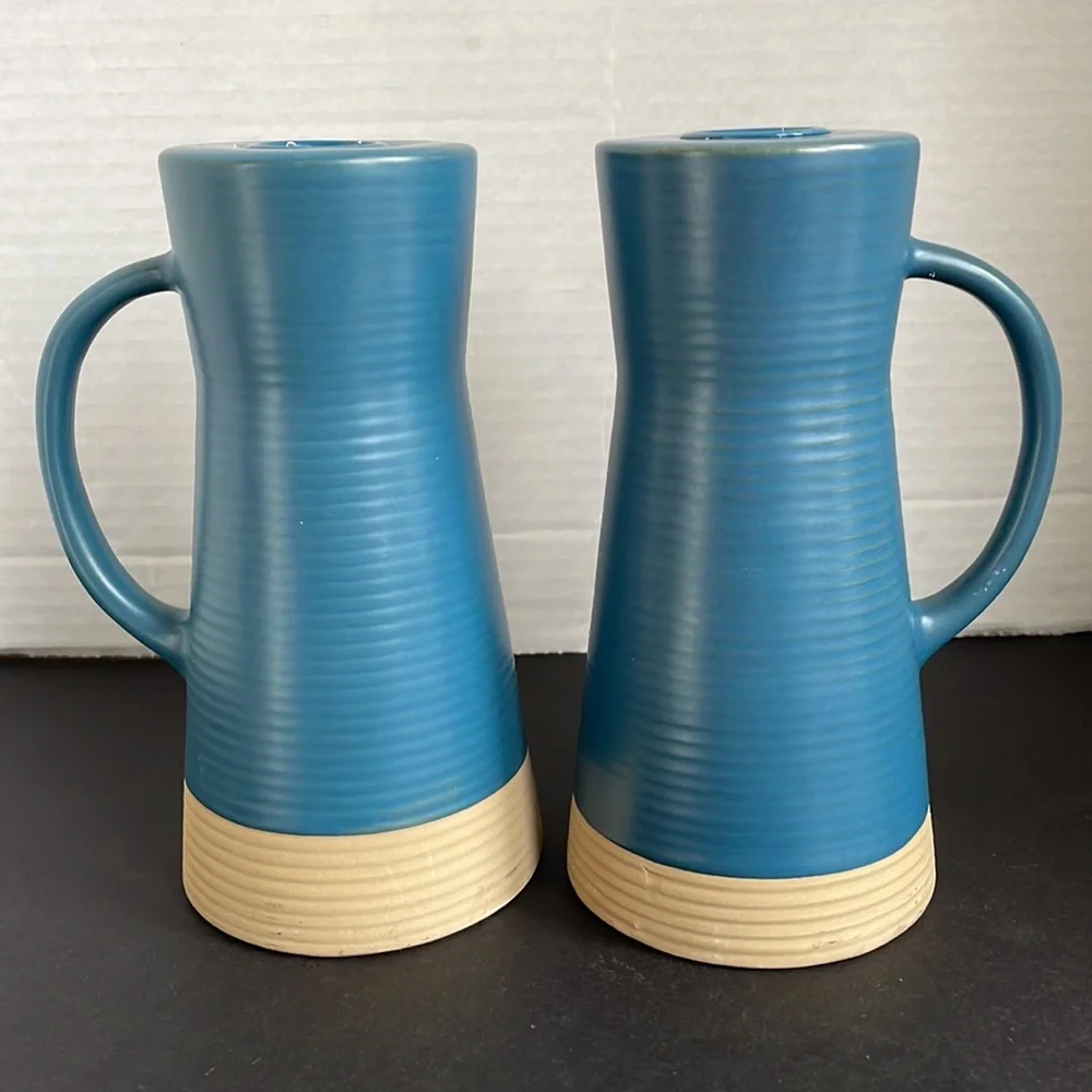 Crate and Barrel Sibely Taper Holder set of 2 Medium Blue and tan